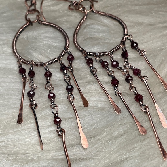 Hand Crafted Copper Red Garnet Crystal Beaded Dangle Chandelier Earrings - Picture 10 of 17